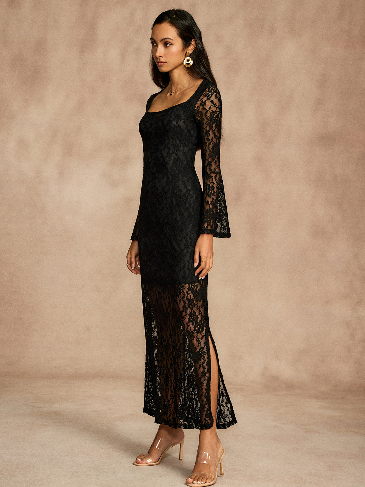 Semi-Sheer Lace Bell Sleeve Lined Dress