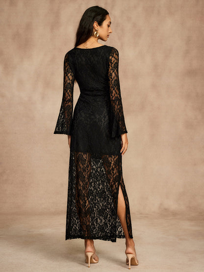 Semi-Sheer Lace Bell Sleeve Lined Dress