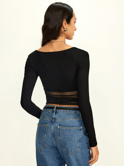 Mesh Square Neck Semi-Sheer T-Shirt