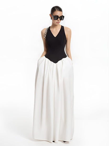 Semi-Sheer Color Block Panel Pockets Dress