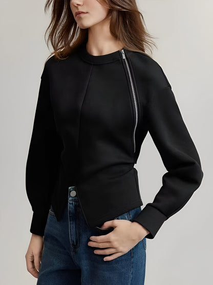 Plain Zipper Split Blouse