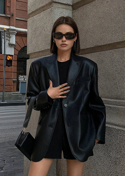 Sleek Black Faux Leather Blazer