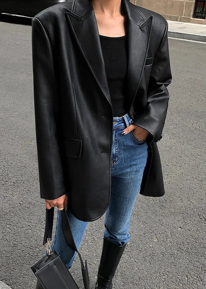 Sleek Black Faux Leather Blazer