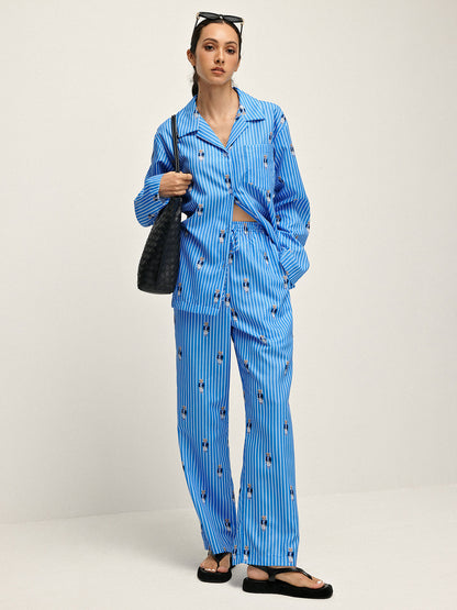 Pinstripe Lapel Printed Pants Set