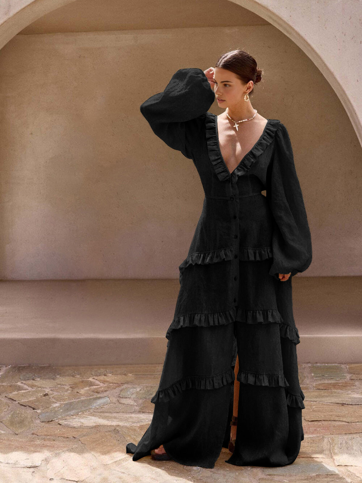 Cotton & Linen Semi-Sheer Ruffle Trim Long Dress