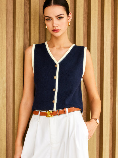 Contrast Binding Golden Button Sweater Vest