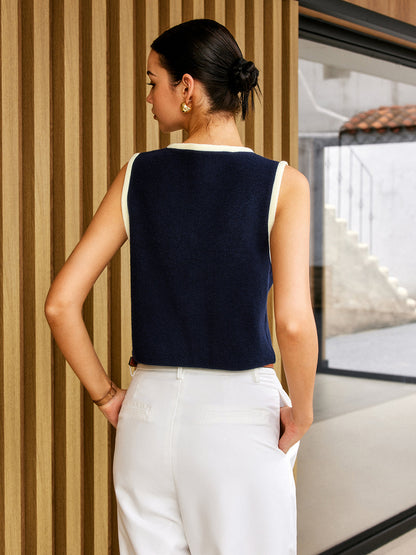 Contrast Binding Golden Button Sweater Vest