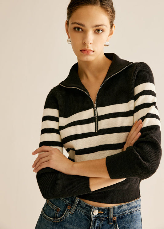 Zipper Striped Knit Sweater - Modern Casual Look