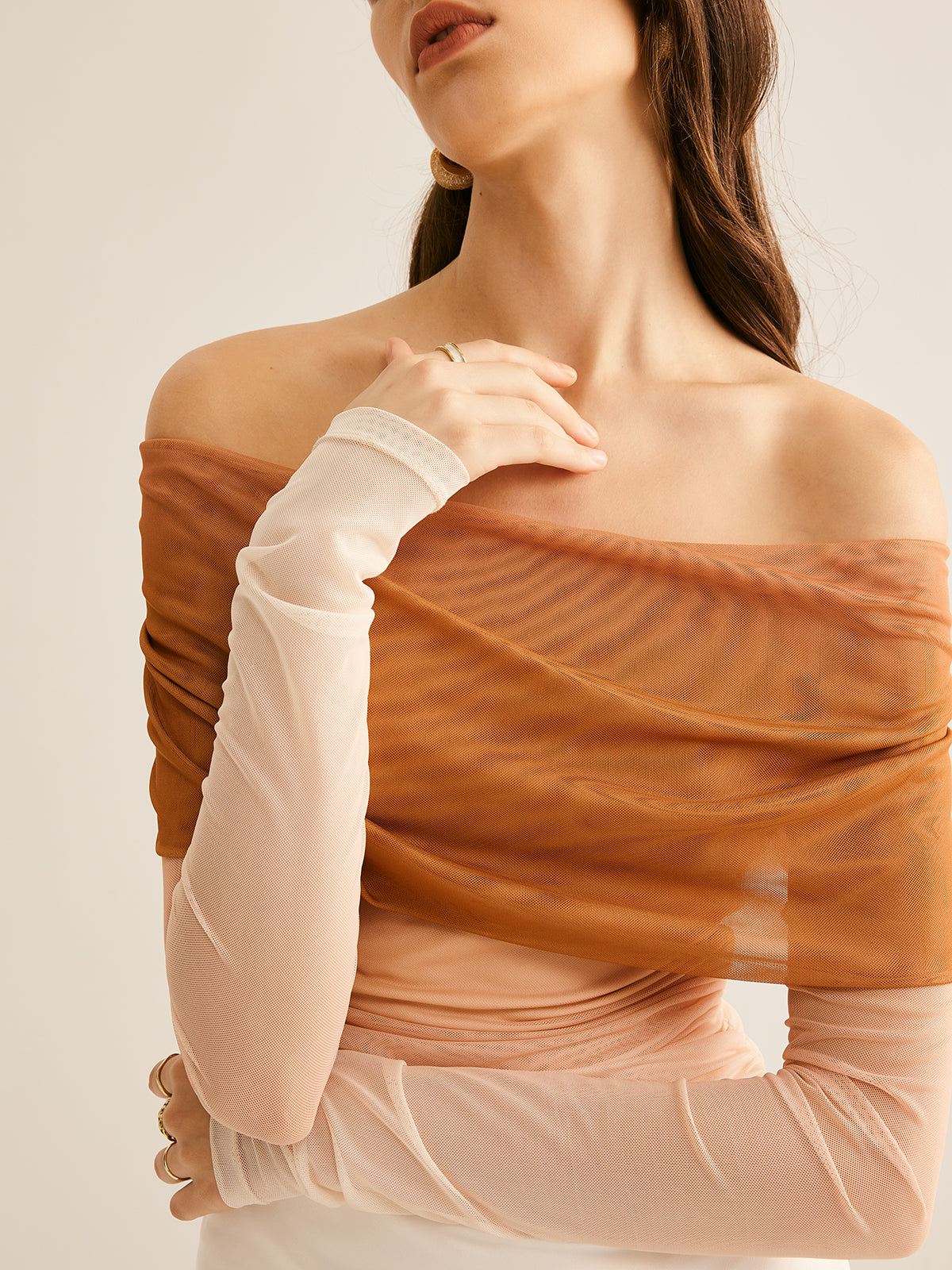 Semi-Sheer Off-Shoulder Mesh Gradient Blouse
