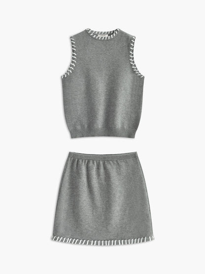 Contrast Trim Sleeveless Skirt Set