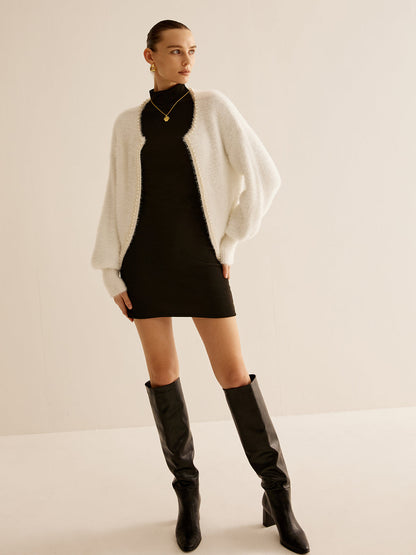 Oversized  Pearl Trim Fuzzy Cardiagn