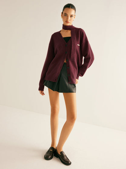 V-Neck Button Knit Outerwear With Matching Scarf