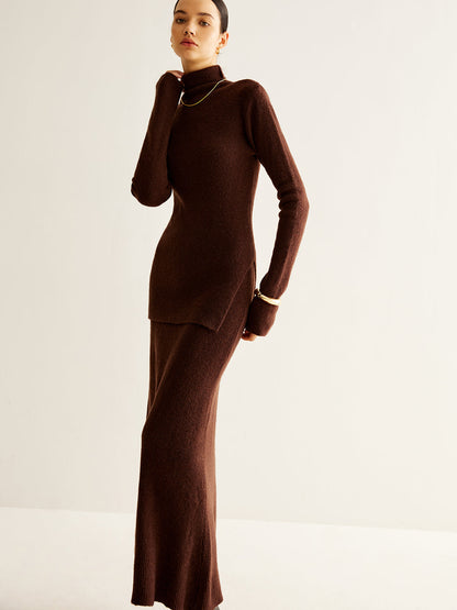 Plain Turtleneck Ribbed Soft Skirt Set