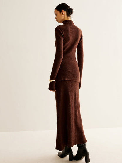 Plain Turtleneck Ribbed Soft Skirt Set