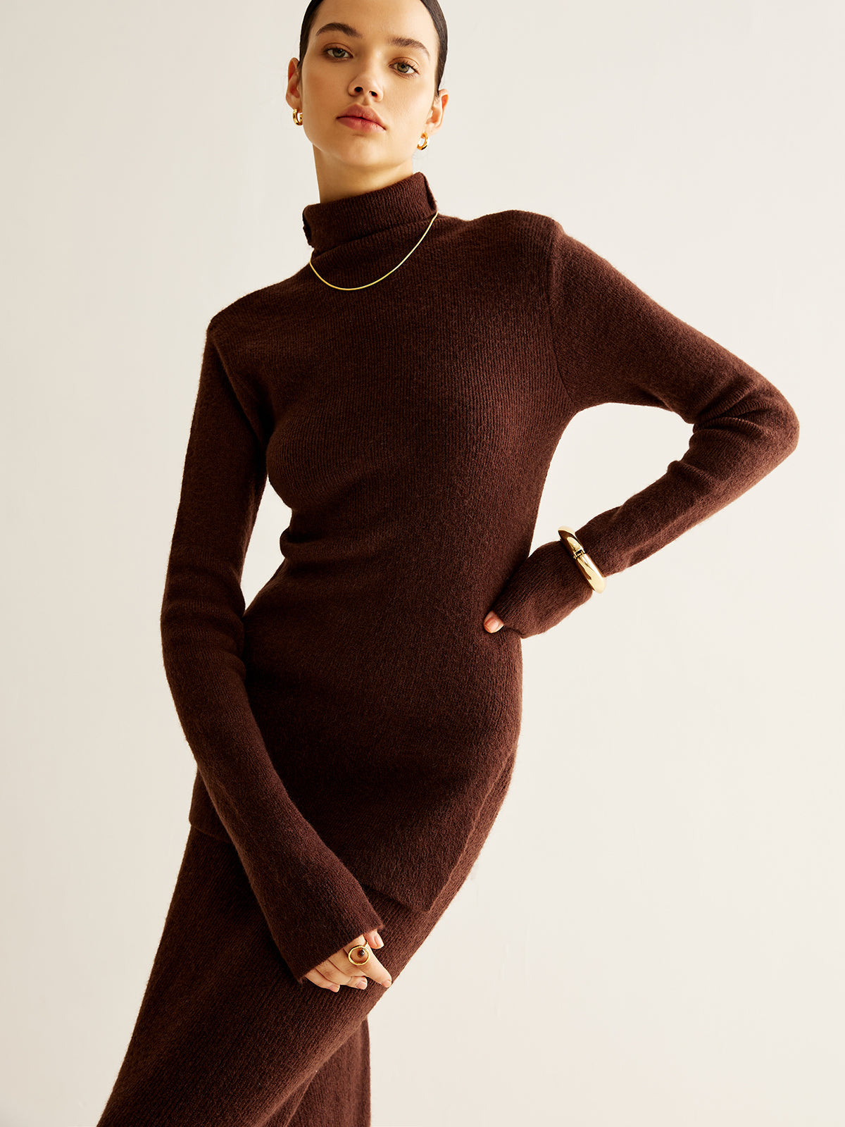 Plain Turtleneck Ribbed Soft Skirt Set