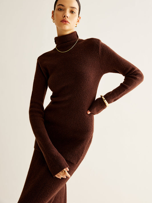 Plain Turtleneck Ribbed Soft Skirt Set