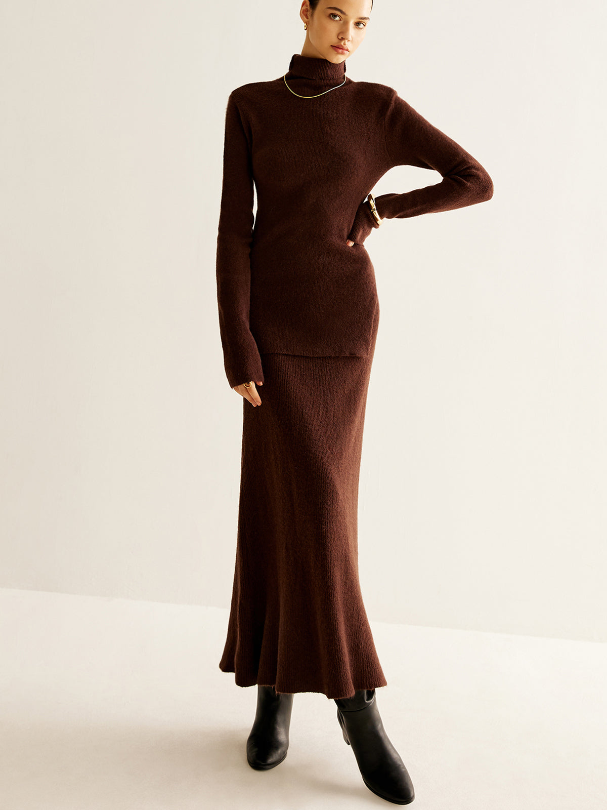 Plain Turtleneck Ribbed Soft Skirt Set