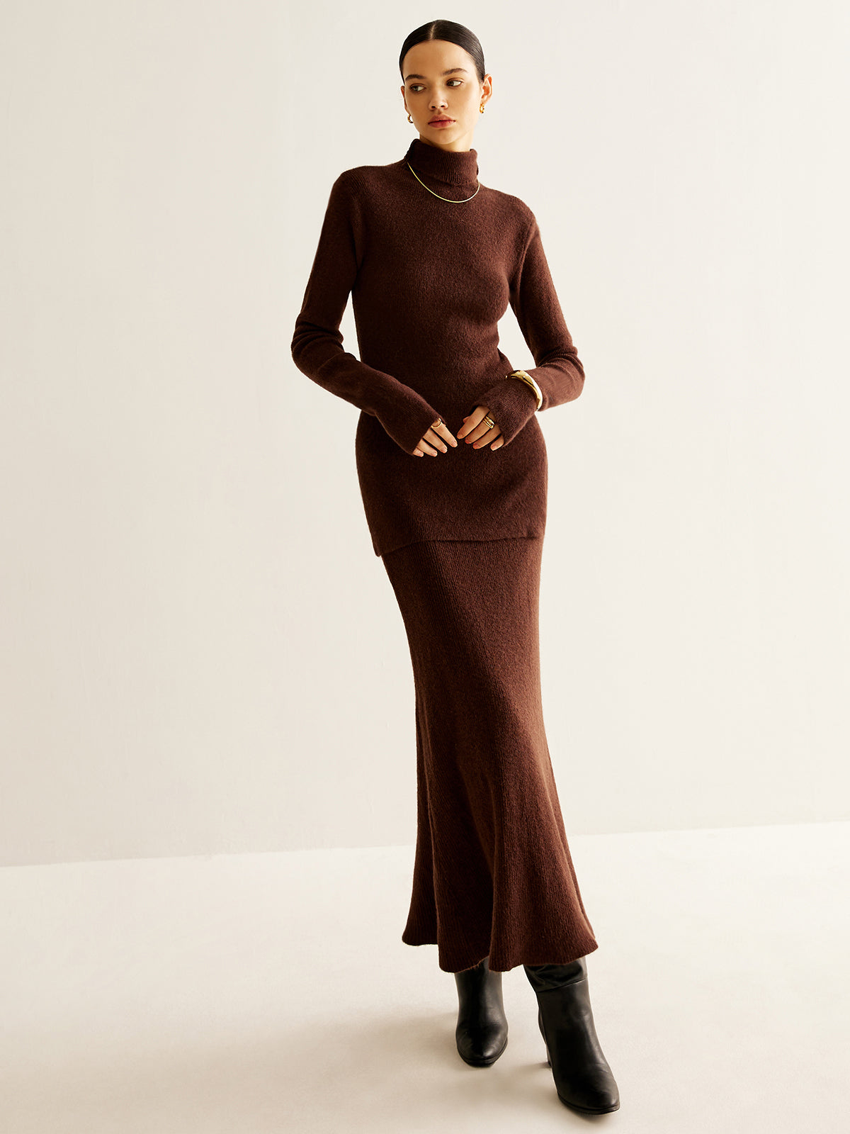 Plain Turtleneck Ribbed Soft Skirt Set