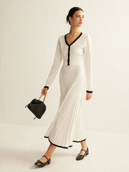 Contrast Trim Pleated Knit Skirt Set