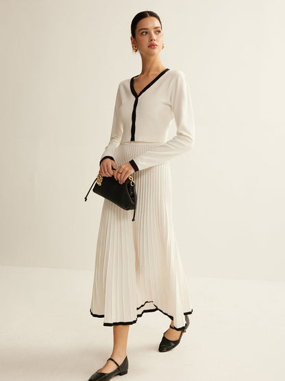 Contrast Trim Pleated Knit Skirt Set