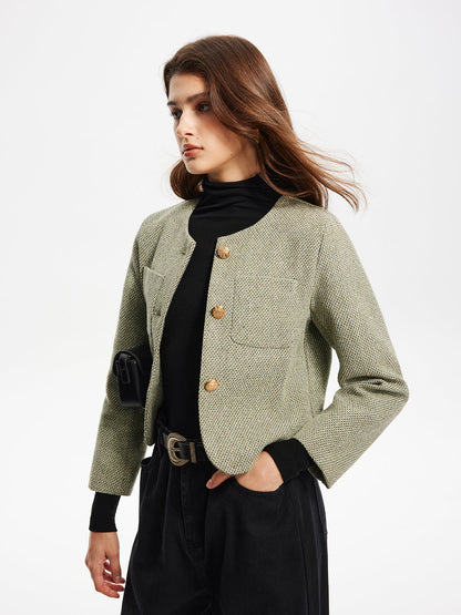 Round Neck Pockets Tweed Jacket