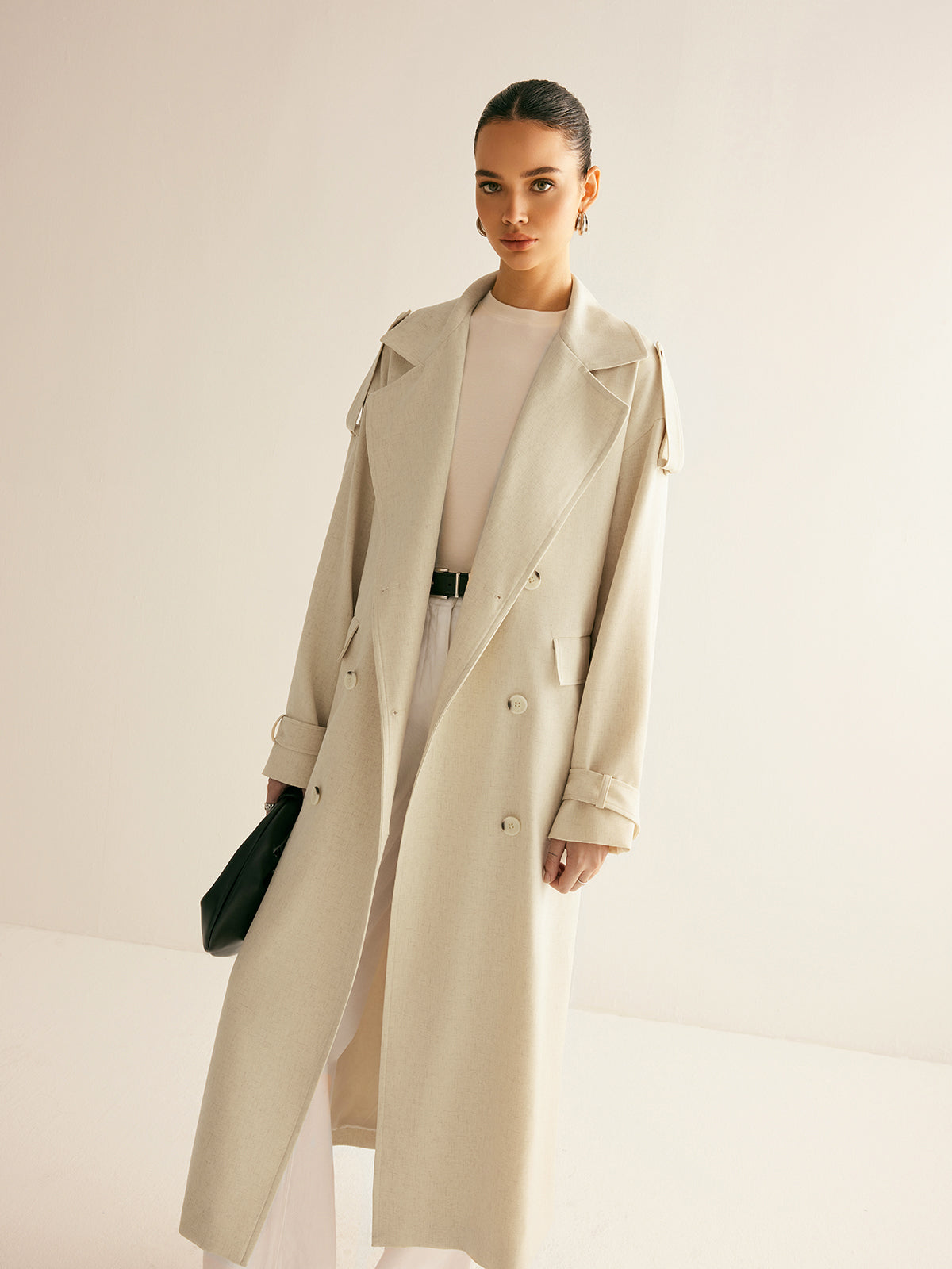 Oversized Lapel Pockets Belted Trench Coat