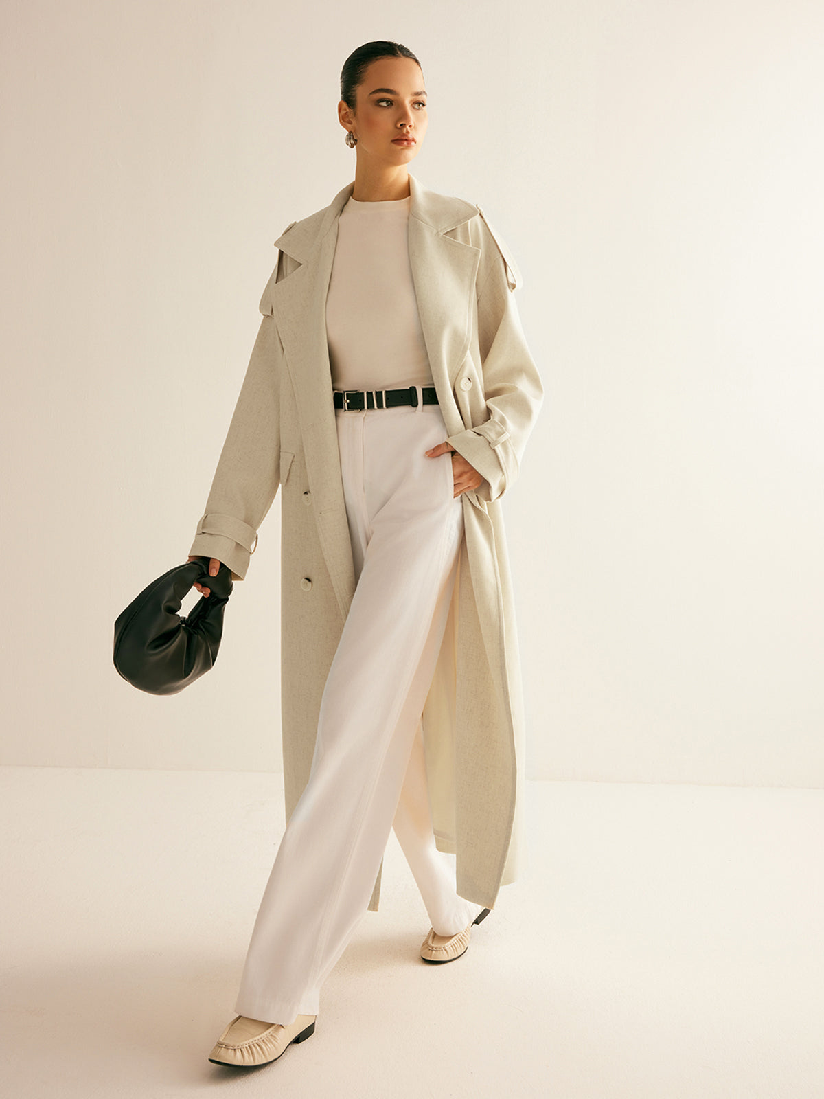 Oversized Lapel Pockets Belted Trench Coat