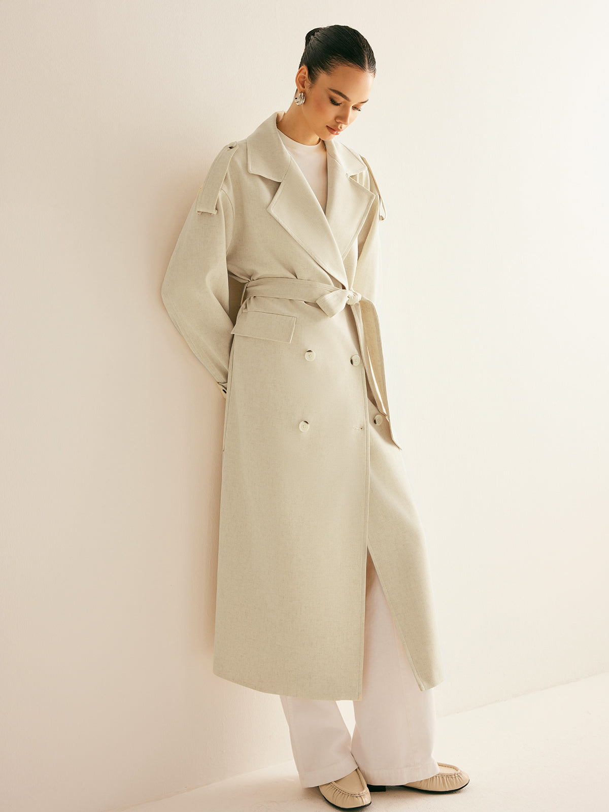 Oversized Lapel Pockets Belted Trench Coat