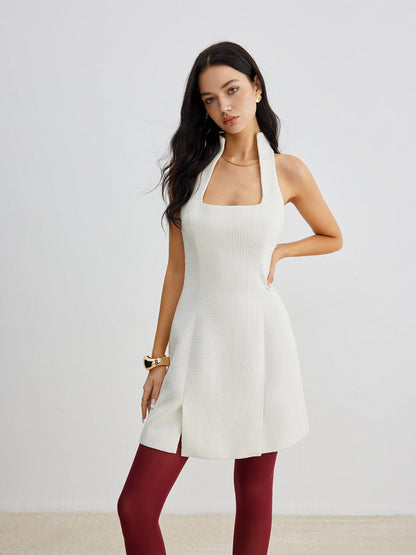 Square Neck Tweed Zipper Dress