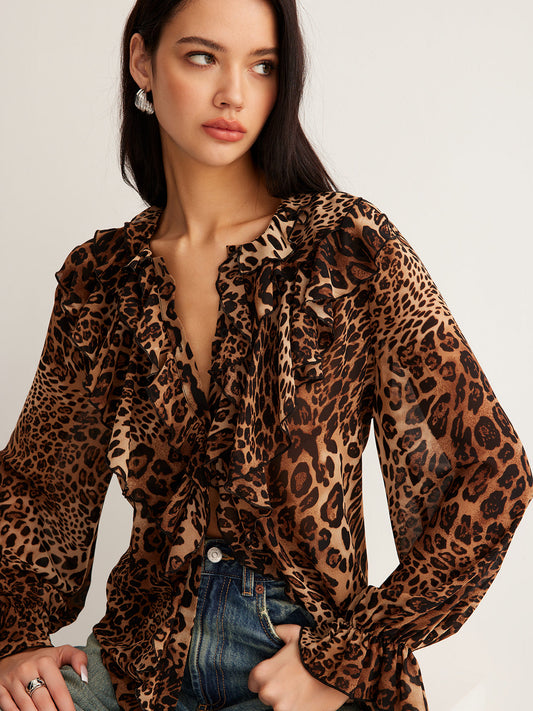 | Women's Summer Ruffle Neck Blouse in Leopard Print