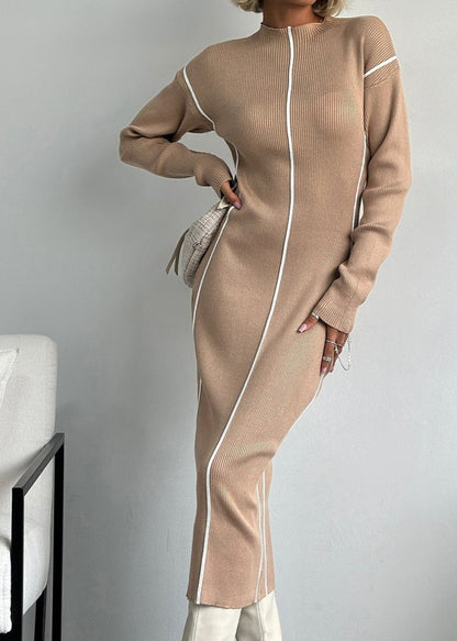 Chic Ribbed Contrast Piping Sweater Dress