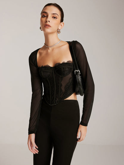 Sheer Long Sleeve Sweetheart Lace Skinny T-Shirt