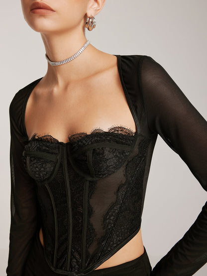 Sheer Long Sleeve Sweetheart Lace Skinny T-Shirt