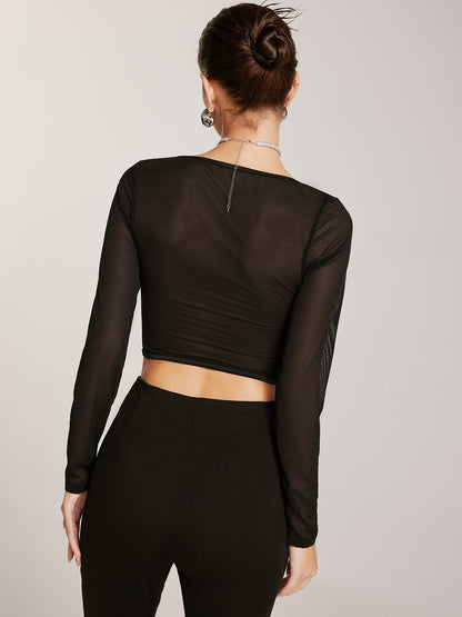 Sheer Long Sleeve Sweetheart Lace Skinny T-Shirt