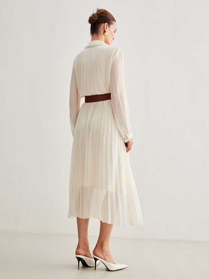 Semi-Sheer Chiffon Button Pleated Dress With Belt