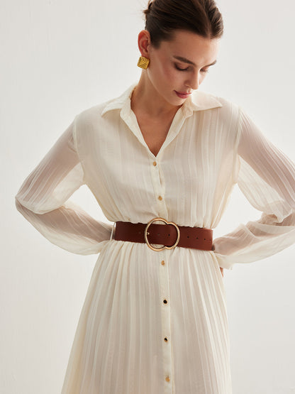 Semi-Sheer Chiffon Button Pleated Dress With Belt