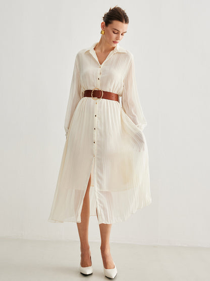 Semi-Sheer Chiffon Button Pleated Dress With Belt