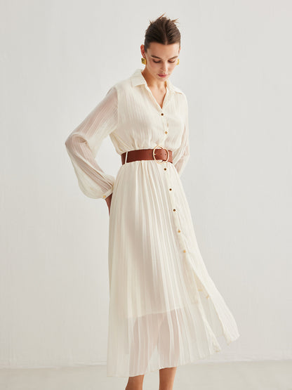Semi-Sheer Chiffon Button Pleated Dress With Belt