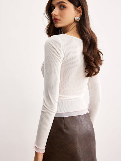 Semi-Sheer Keyhole Neckline Floral Mesh T-Shirt