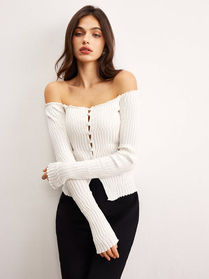 Off-Shoulder Lettuce Trim Cardigan