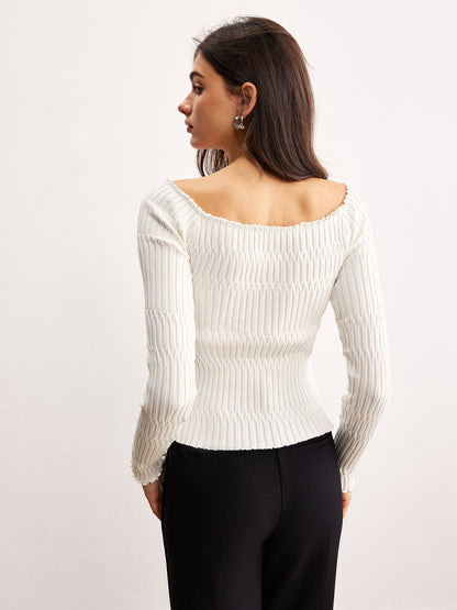 Off-Shoulder Lettuce Trim Cardigan