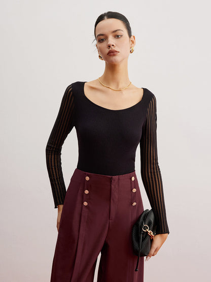 Ribbed Sheer Sleeve Sweater