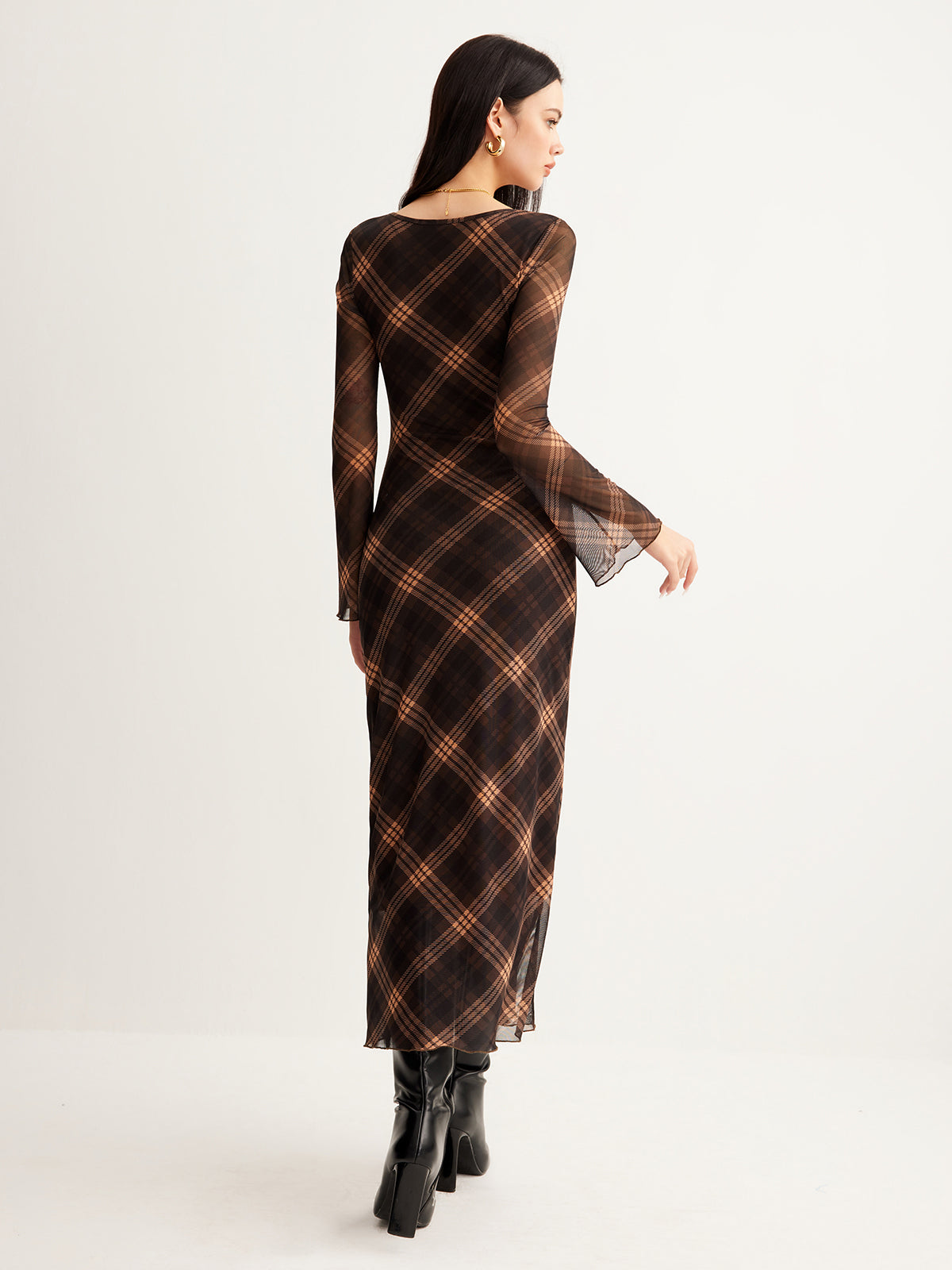Semi-Sheer Checked Bell-Sleeve Mesh Dress