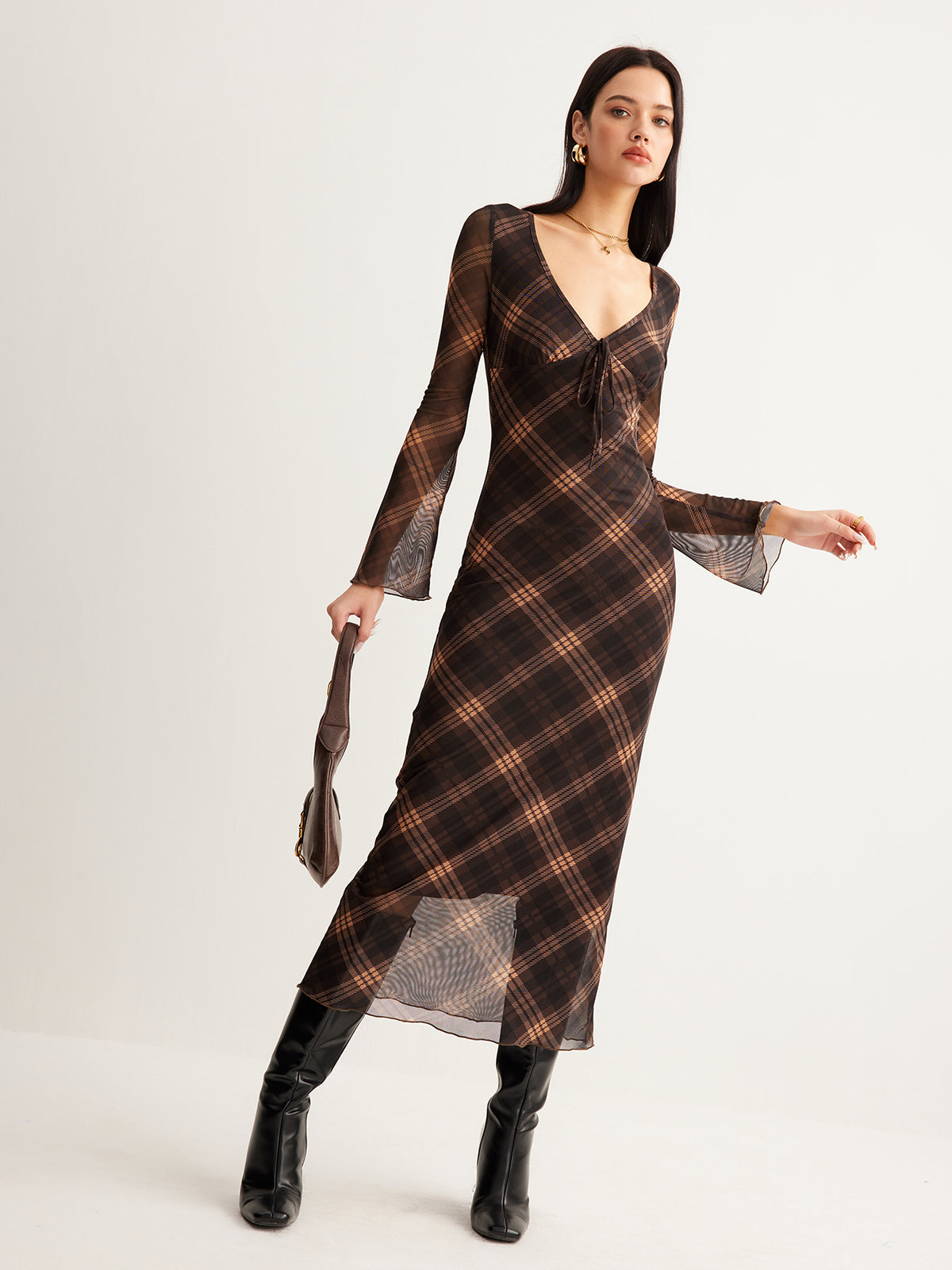 Semi-Sheer Checked Bell-Sleeve Mesh Dress