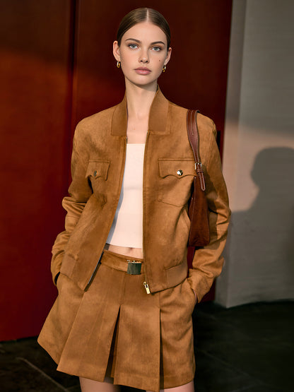 Suede Pleated Pockets Skirt With Belt