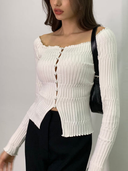 Off-Shoulder Lettuce Trim Cardigan