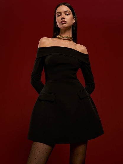 Off-Shoulder Pleated Short Dress