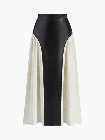Color Block Pleated Faux Leather Panel Skirt