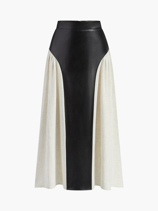 Color Block Pleated Faux Leather Panel Skirt