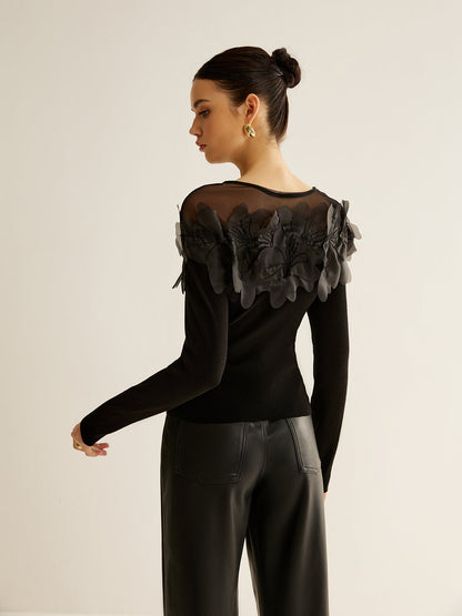 Semi-Sheer Floral Decor Slim Blouse